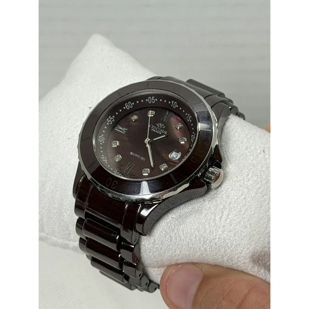 Oniss Paris Womens Watch Chocolate Ceramic Gemmed Date Sapphire Crystal